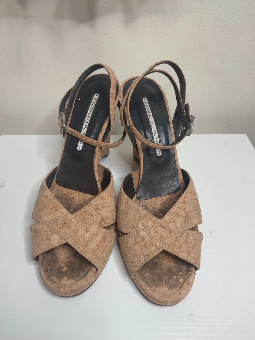Donald J. Pliner Cork Wedge Sandals Natural Tan Ankle Strap Size 8.5